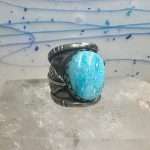 Navajo ring Turquoise cigar band Leaf size 9.75 sterling silver women men