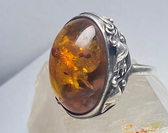 Anillo de ámbar Nouveau Art Déco hojas florales plata de ley mujeres niñas talla 7