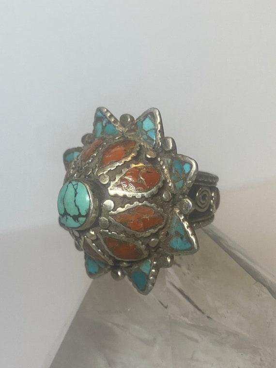 Turquoise Ring flower floral tribal Coral sterlin… - image 9