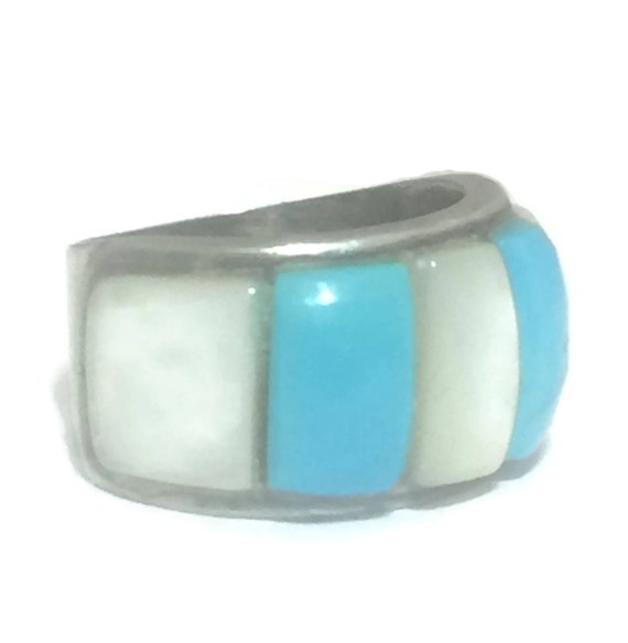 Turquoise ring size 4.50 & Mother of Pearl band s… - image 2