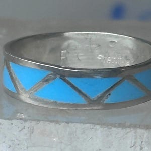 Vintage Sterling Silver Rough Reconstituted Turquoise Geometric Band Signed R Size 7.25-7.5 925
