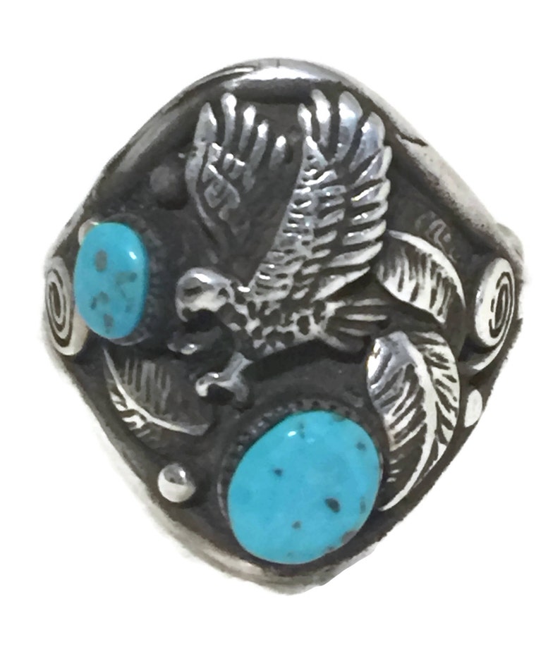Eagle Ring size 9.75 Turquoise Vintage Sterling Silver Southwest Tribal image 8