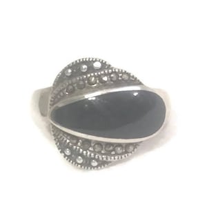 Onyx Marcasites Ring size 7 Art Deco band sterling silver women