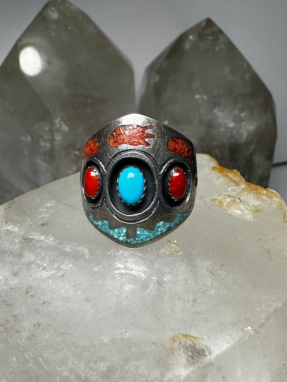 Turquoise ring coral Navajo Roie Jaque size 9.50 … - image 1