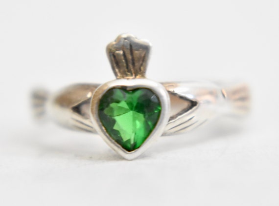 Claddagh ring vintage green crystal sterling silv… - image 2