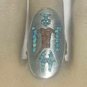 Kachina ring turquoise  chips coral chips long sterling silver women size 7.25