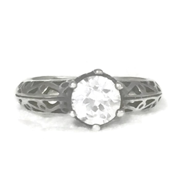 Vintage Sterling Silver Solitaire Ring: Clear CZ,… - image 1