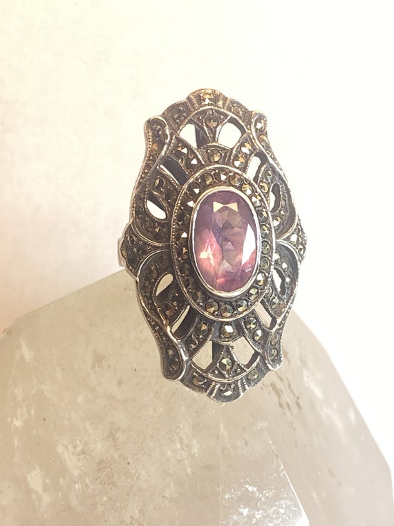 Long Amethyst ring Art Deco style marcasites ster… - image 4