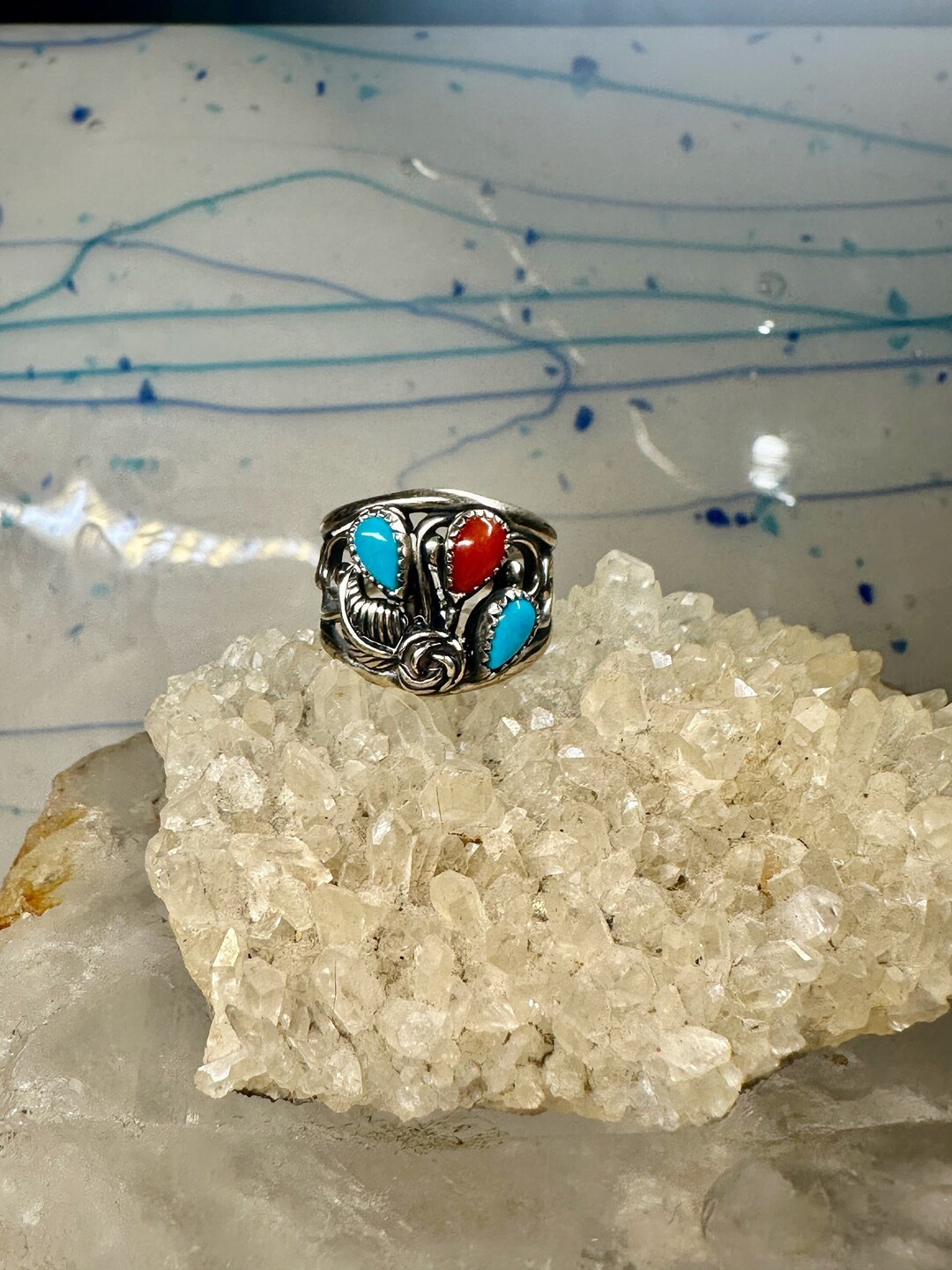 Turquoise Ring Southwest Band Coral Sterling Silver Size 5.75 Women ...