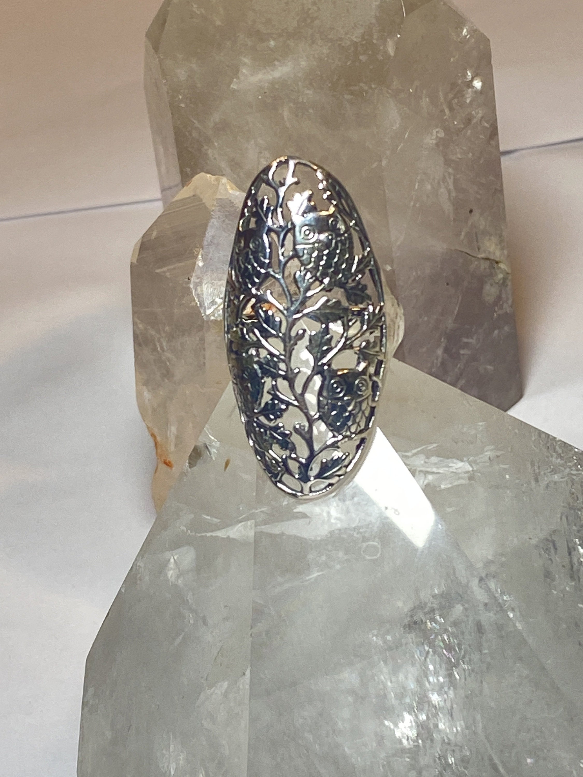 Owls ring long filigree ornate band  sterling silver women girls size 11.75