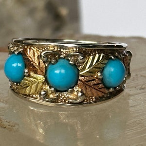 Black Hills Gold ring size 5.75 turquoise leaves sterling silver band women girls