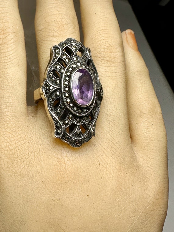 Long Amethyst ring Art Deco style marcasites ster… - image 10
