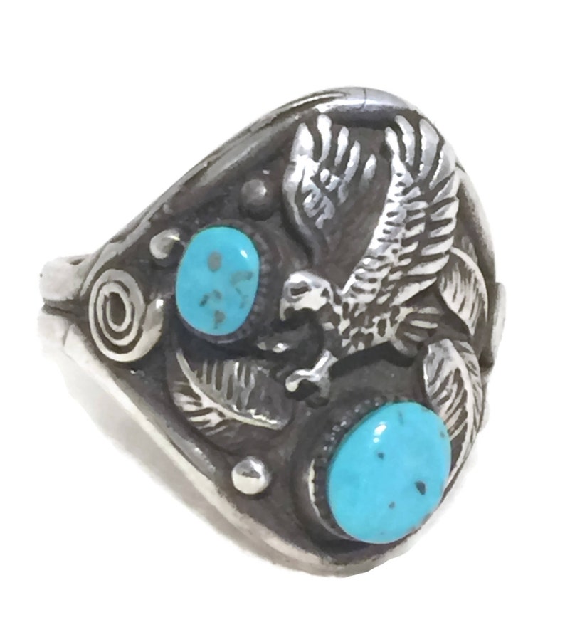 Eagle Ring size 9.75 Turquoise Vintage Sterling Silver Southwest Tribal image 7