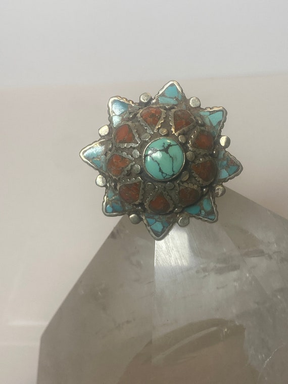 Turquoise Ring flower floral tribal Coral sterlin… - image 1