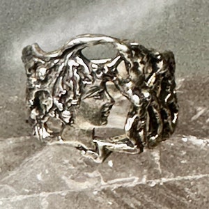 Face ring lady naked lady forest band size 7.75 leaves sterling silver women