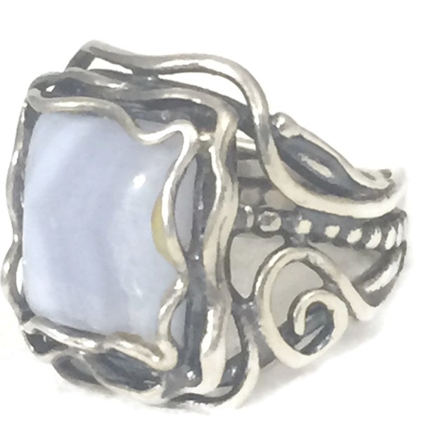 Blue Lace Agate Ring Size 5 Plus Israeli Ring Size 5 Women Ring Size 5 Wire Wrapped Ring Sterling Silver Ring Boho Ring Size 5 Agate Ring