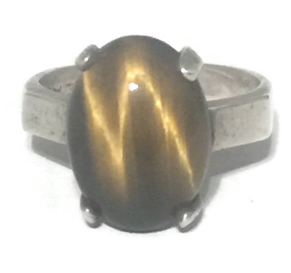 Bague Ancienne En Argent Massif Avec œil De Tigre - Taille 55, Occasion, Vintage