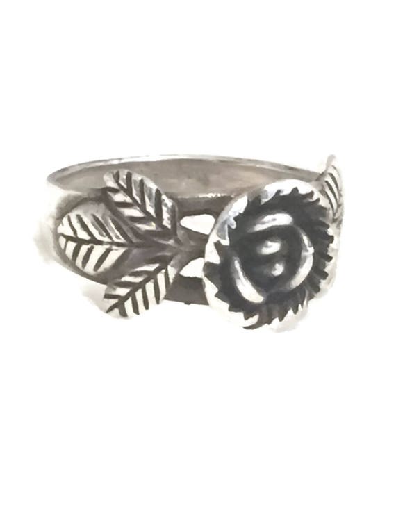 Rose Flower Ring size 7.5 Vintage Sterling Silver… - image 1
