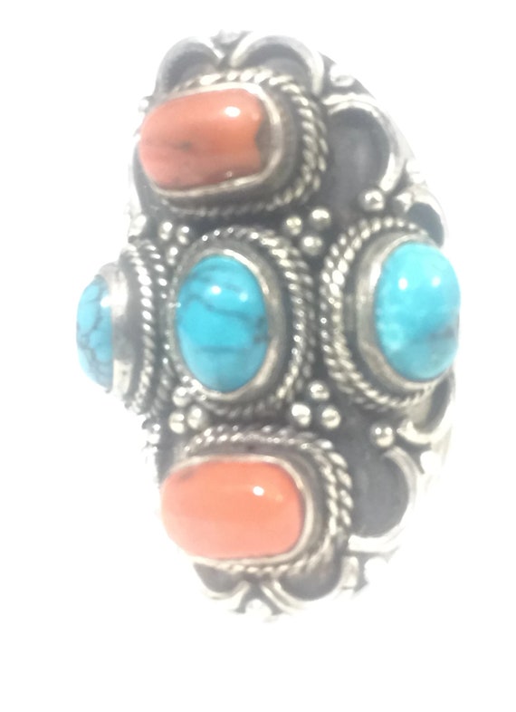 Long Turquoise Ring Turquoise Coral Ring Size 8 W… - image 3