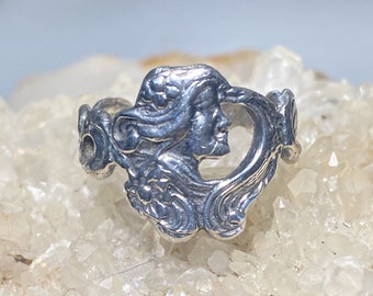 Lady Face Ring Art Deco Band Floral Art Nouveau Sterling Silver Women size 6.25