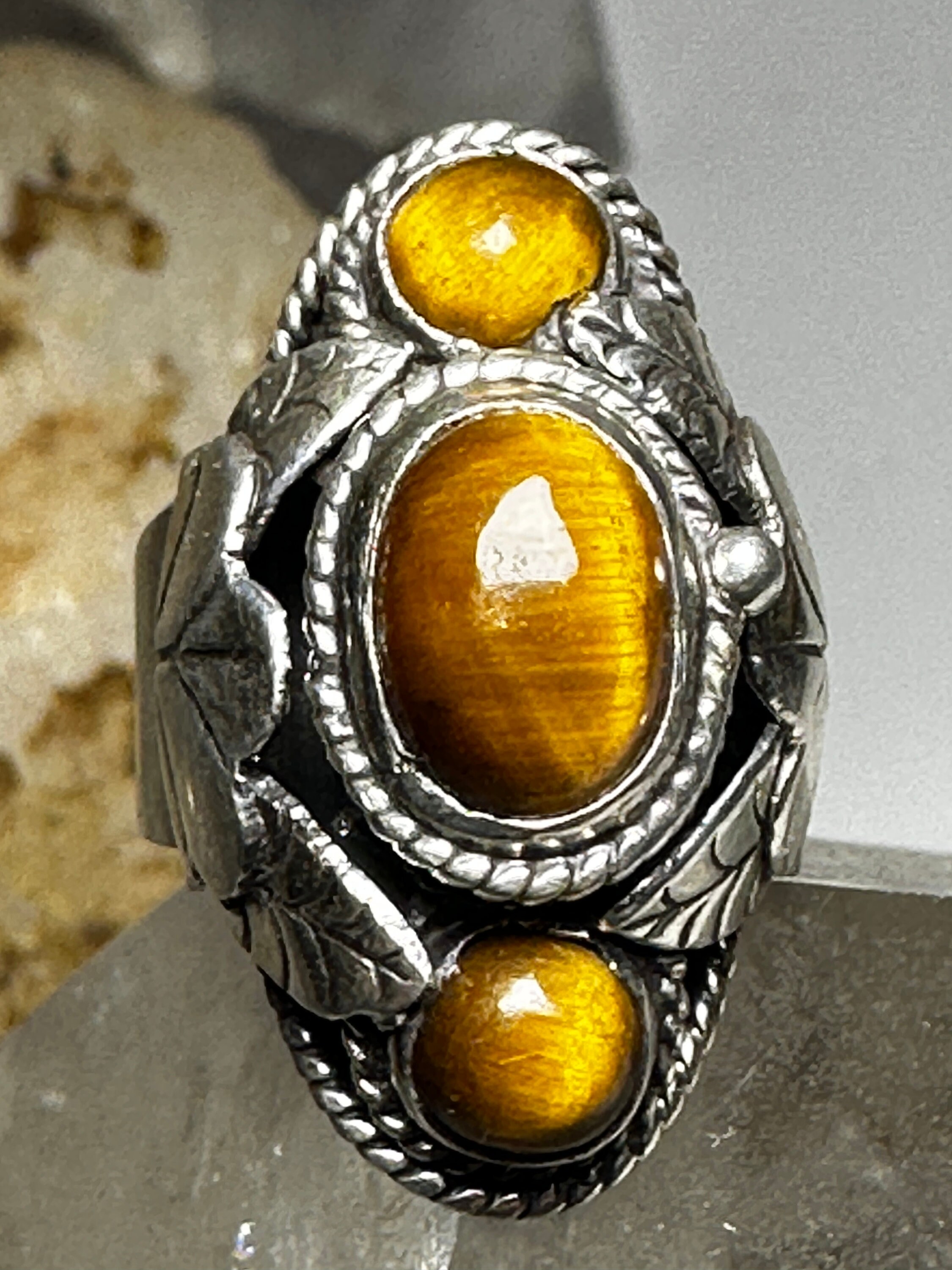 Bague Chevalière Vintage En Argent 925 Avec œil De Tigre Et Sodalite - Taille 66 (21,69g) Du Mexique