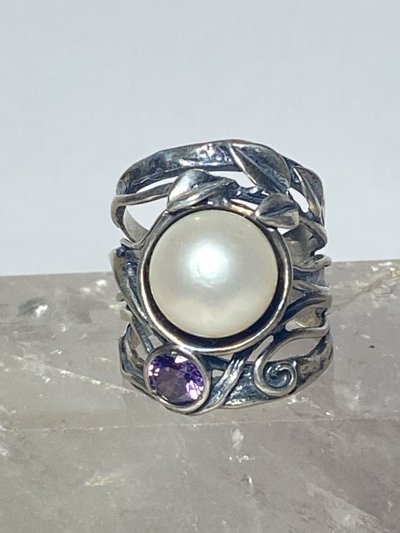 Cigar Band Floral Ring Pearl Sterling Silver Didae Women Size 6.50  display picture 1