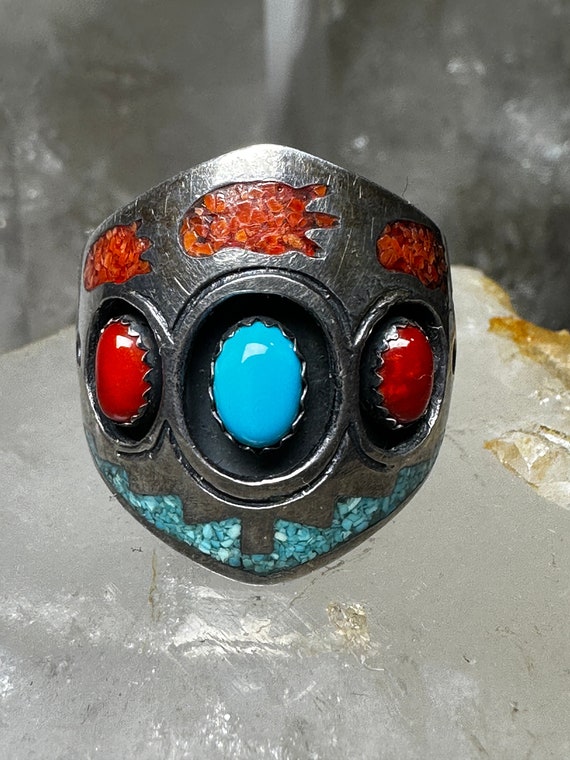 Turquoise ring coral Navajo Roie Jaque size 9.50 … - image 3