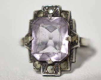 Art Deco Anillo Claro Púrpura Marcasita Vintage Plata de Ley Tamaño 4.5