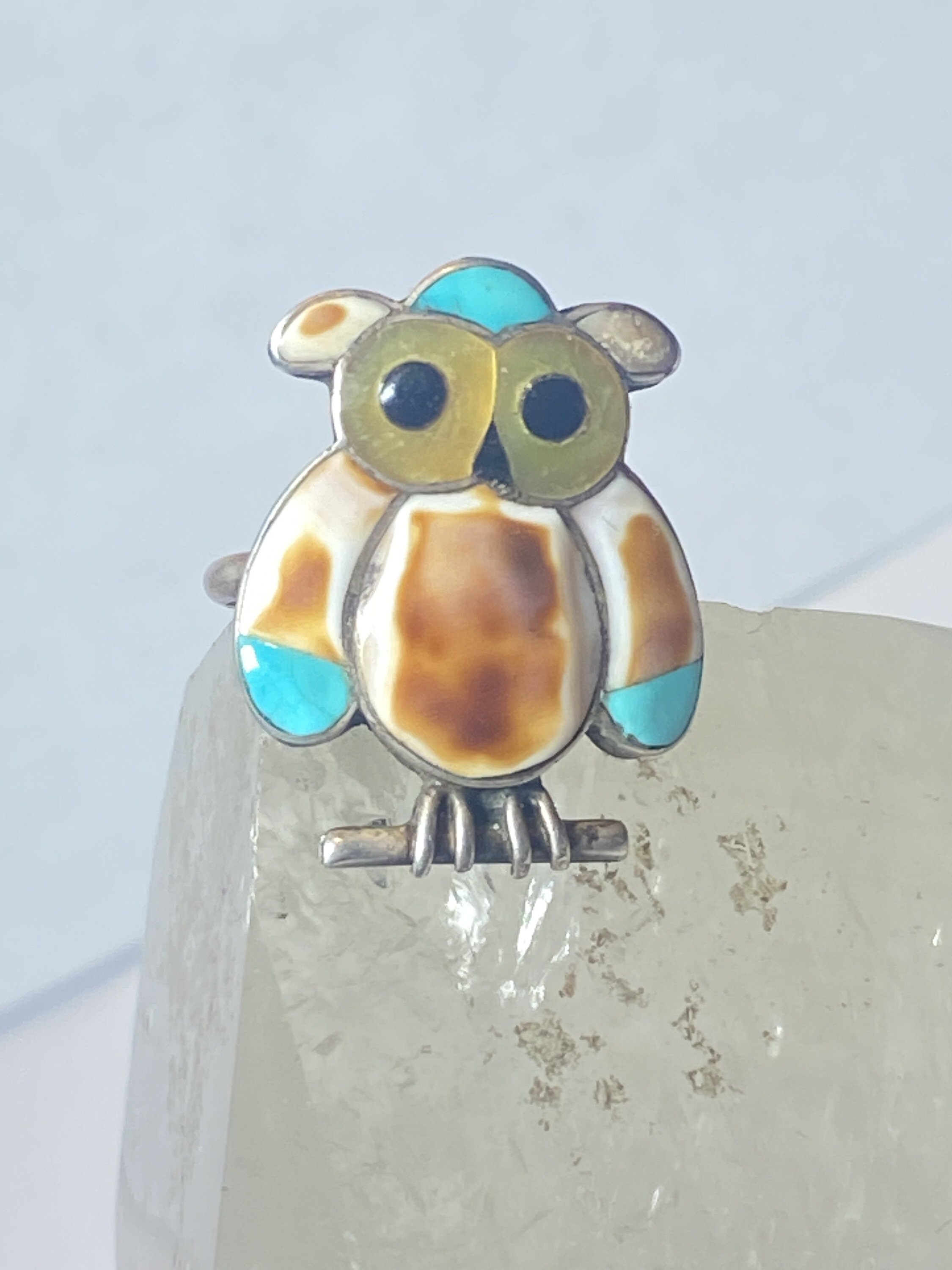 Owl ring Navajo turquoise MOP Onyx southwest sterling silver women size 7