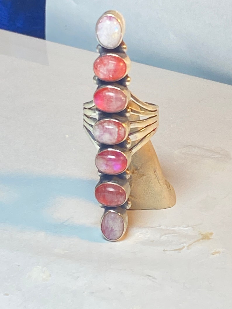 Pink moonstone ring long southwest sterling silver women Size 7