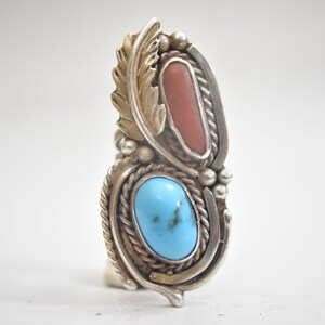 Navajo ring long turquoise coral leaves sterling silver women Size  4