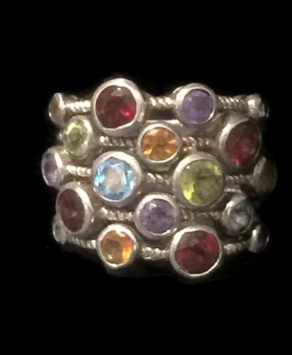 Vintage Sterling Silver Rainbow Gemstone Ring - Size 4.75