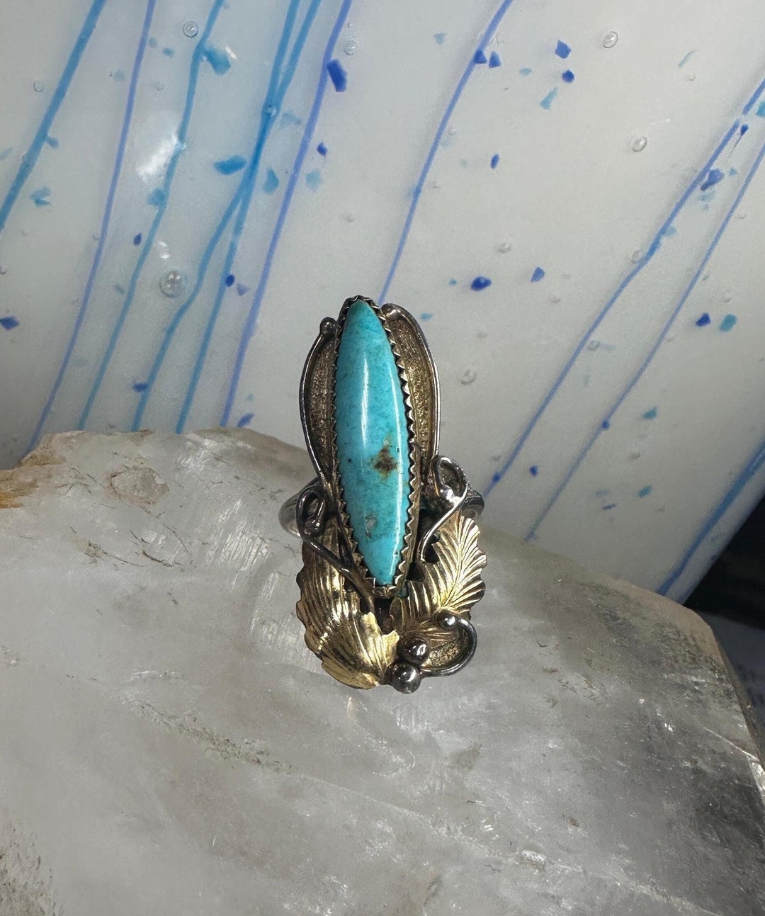 Long Turquoise Ring Navajo Tribal Sterling Silver Gold Filled Size 7 ...