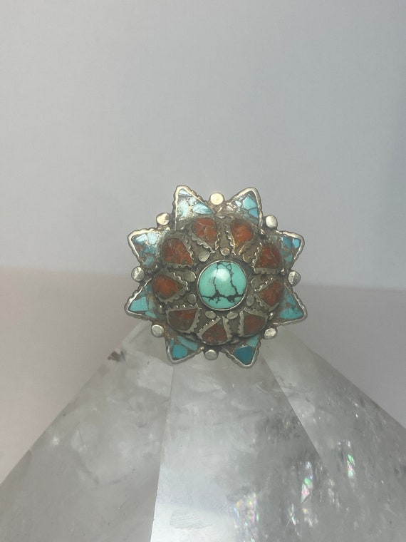 Turquoise Ring flower floral tribal Coral sterlin… - image 8