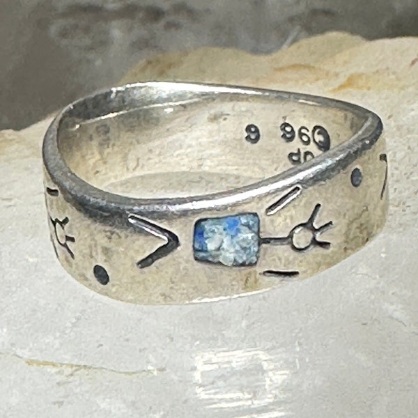 Figurative ring size 6 happy stick figure band blue stone inlay sterling silver women girls