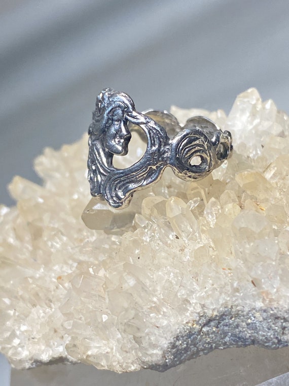 Lady Face Ring Art Deco Band Floral Art Nouveau Sterling Silver