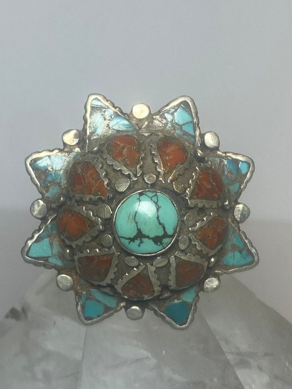 Turquoise Ring flower floral tribal Coral sterlin… - image 7