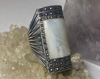 Mother of Pearl ring long marcasites boho sterling silver women girls size 6