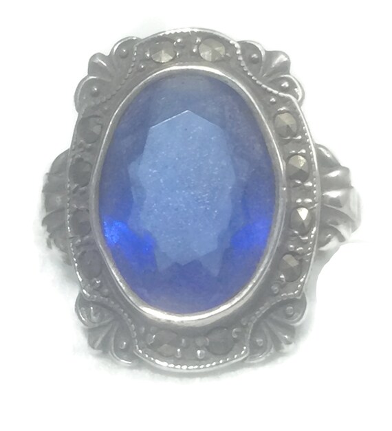 Blue Glass Ring Size 6 Art Deco Ring Size 6 Pinky… - image 4
