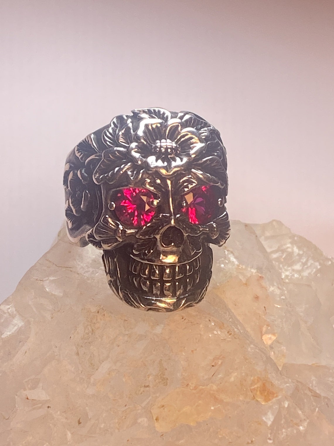 Skull Ring Floral Day of the Dead Red Eyes Band Sterling - Etsy