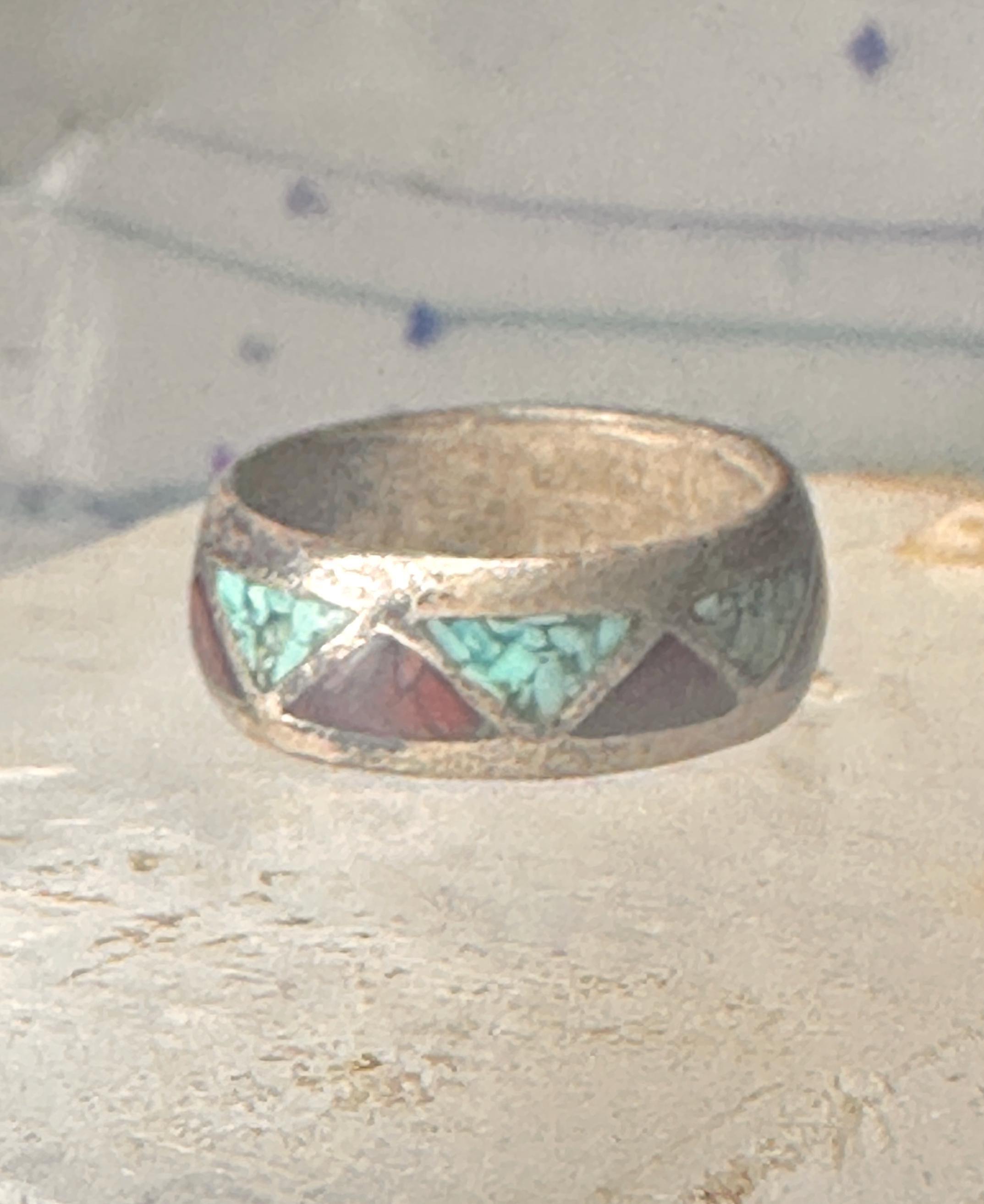 Vintage Zuni Wedding Band Turquoise Coral Chips Size 7 Sterling