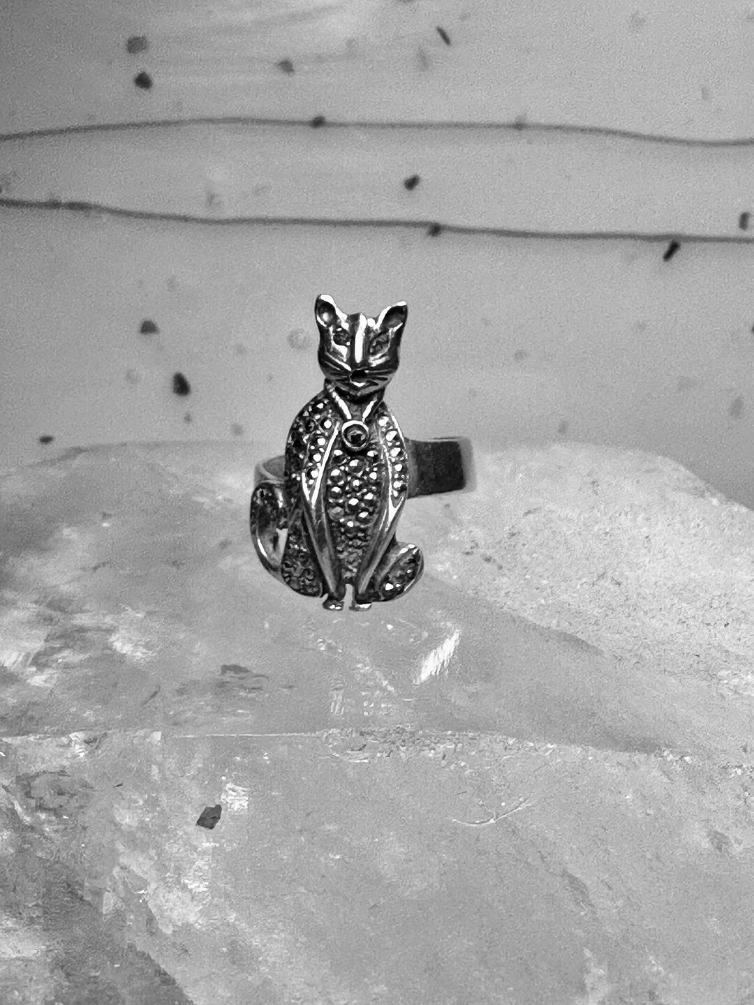 Anello gatto misura marcasiti occhi rossi argento sterling da