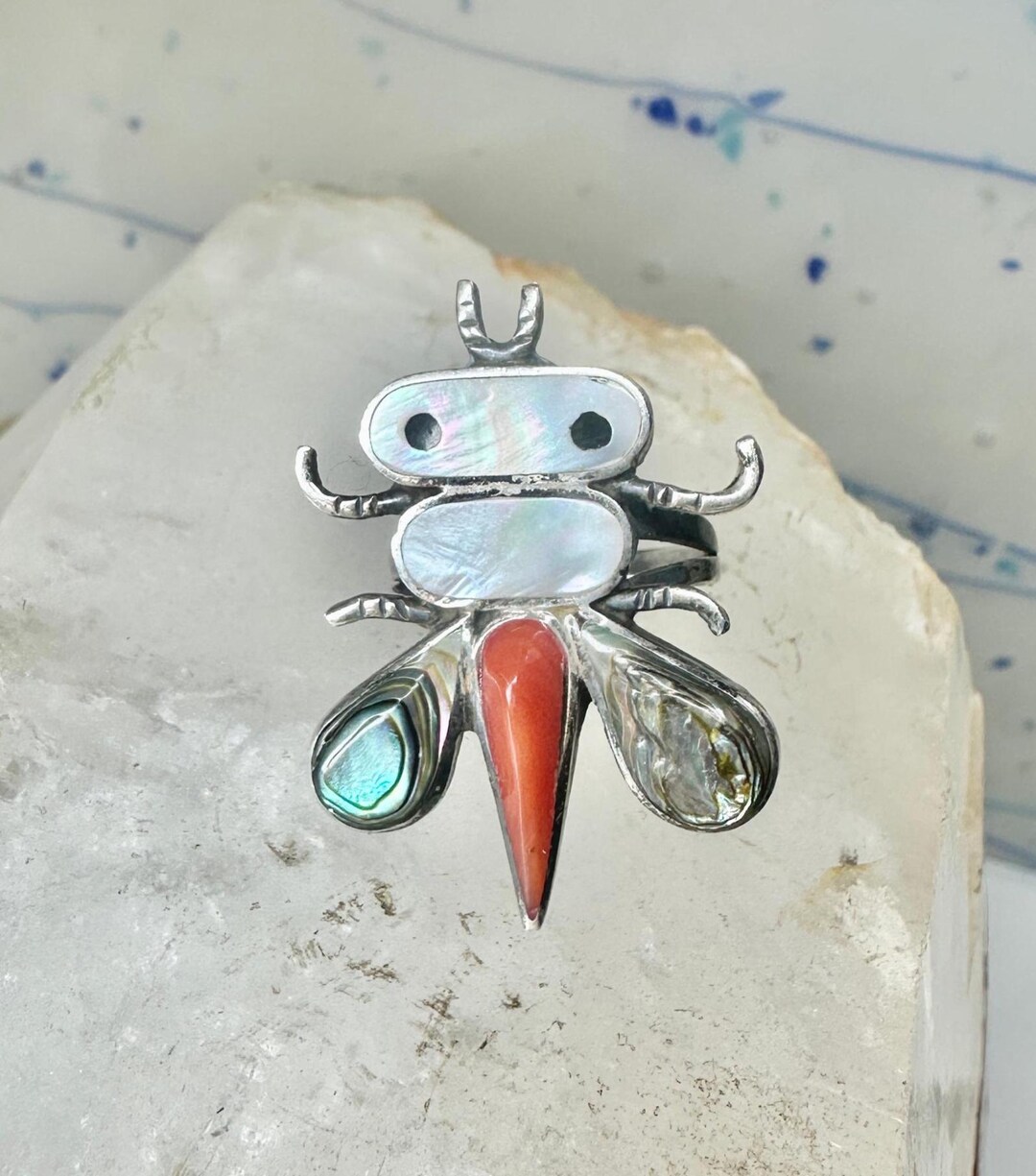 Stereo Fly Rings Dragonfly Ring Native American Abalone Coral MOP Band Size 4.7 Sterling ...