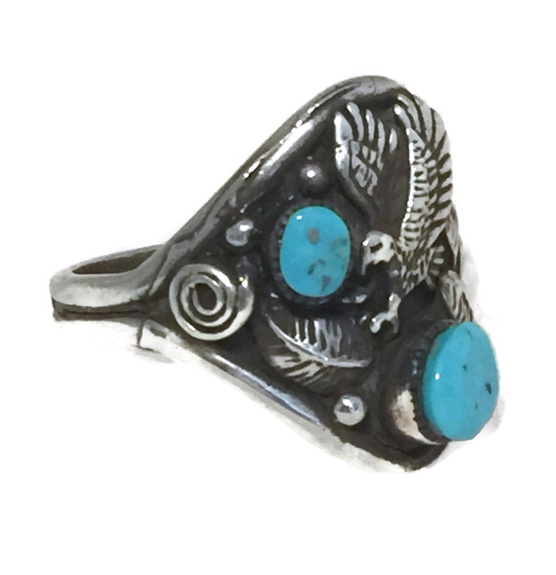 Eagle Ring size 9.75 Turquoise Vintage Sterling Silver Southwest Tribal image 6