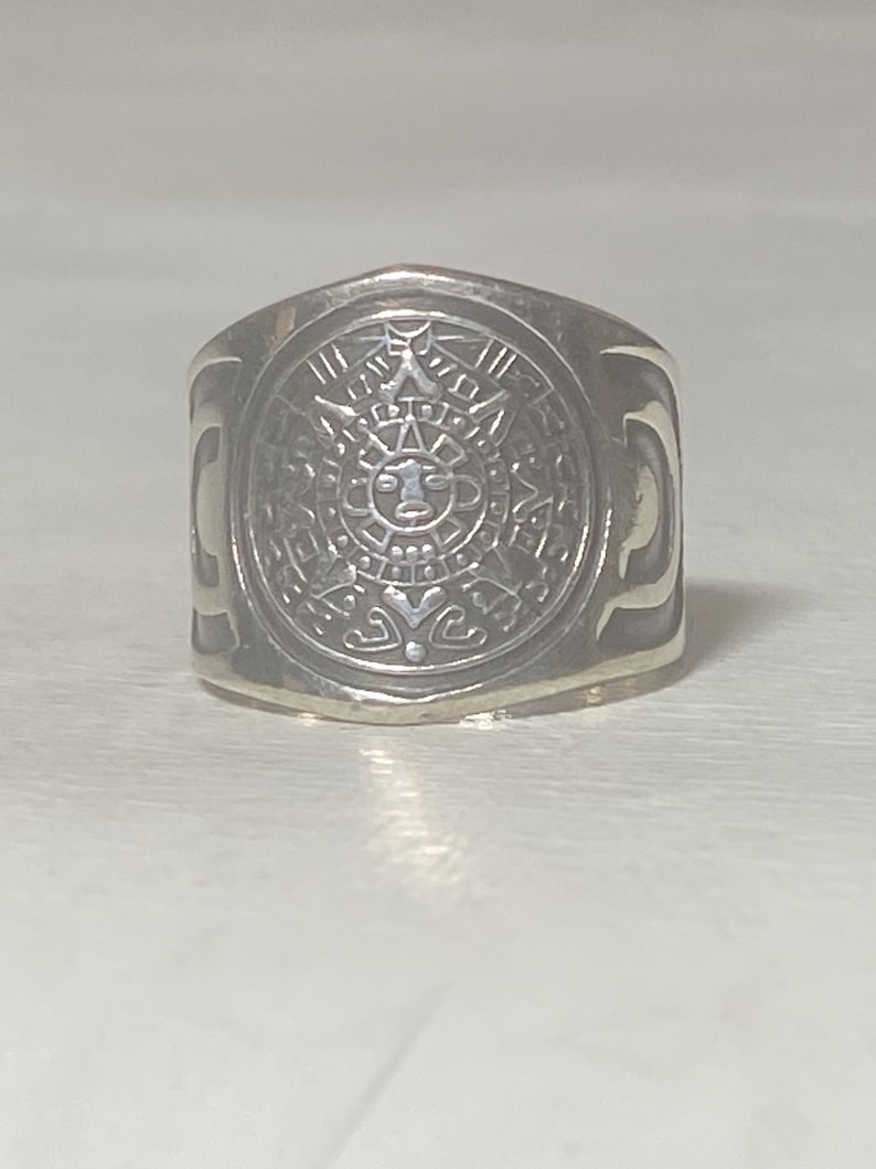 Aztec calendar ring wide Mexico band sterling silver women men size 7.25