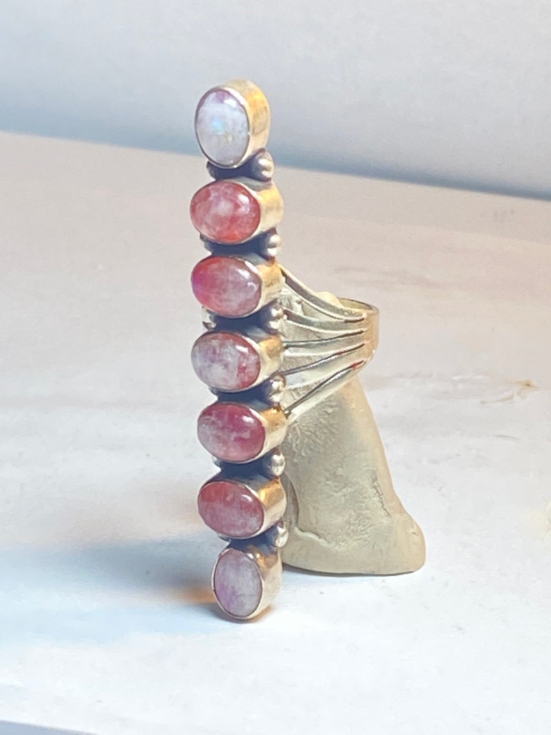 Pink moonstone ring long southwest sterling silver women Size 7