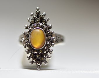 Long Amber ring Cocktail Marcasites Band Sterling Silver Women Size 7.50