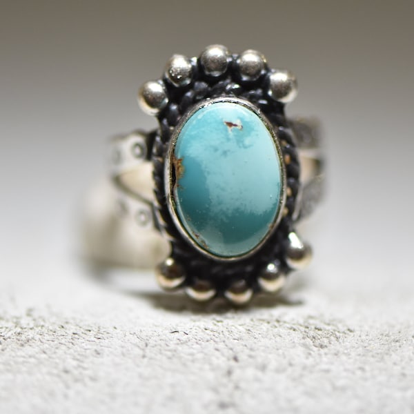 Turquoise ring Navajo women girls stamped band sterling silver size 6