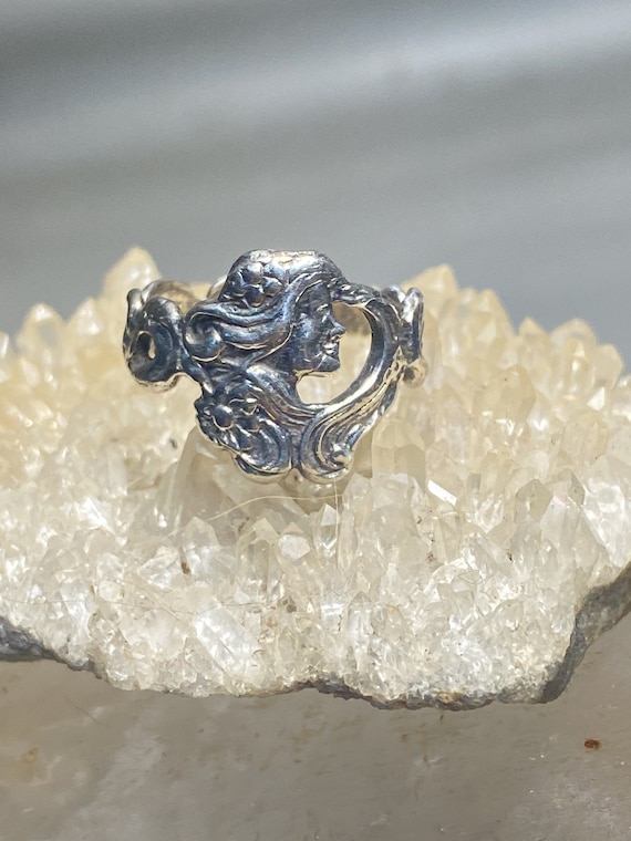 Lady Face Ring Art Deco Band Floral Art Nouveau Sterling Silver