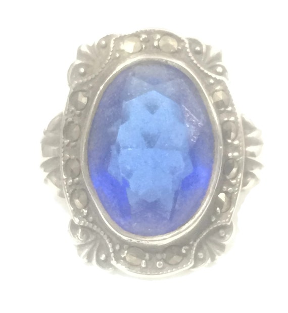 Blue Glass Ring Size 6 Art Deco Ring Size 6 Pinky… - image 2